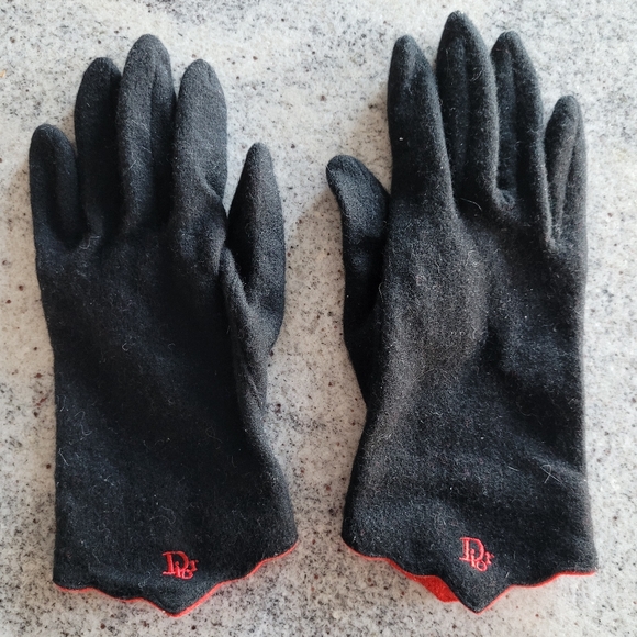 Christian Dior Black Cashmere Gloves with Red Trim